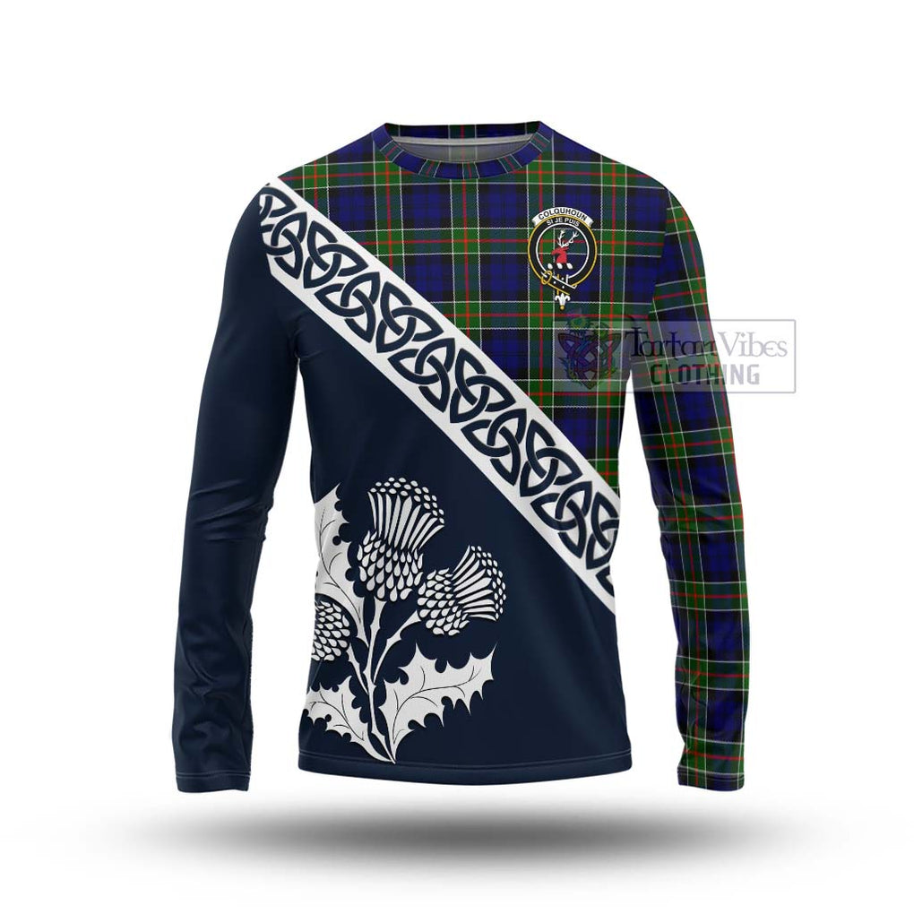 Tartan Vibes Clothing Colquhoun Tartan Long Sleeve T-Shirt Featuring Thistle and Scotland Map