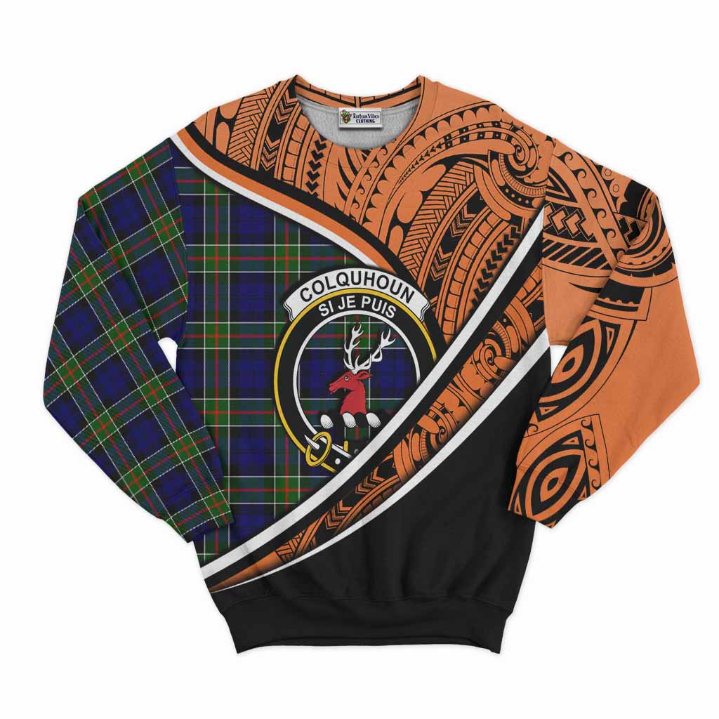 Tartan Vibes Clothing Colquhoun Crest Tartan Sweatshirt with Maori Tattoo Style - Orange Version