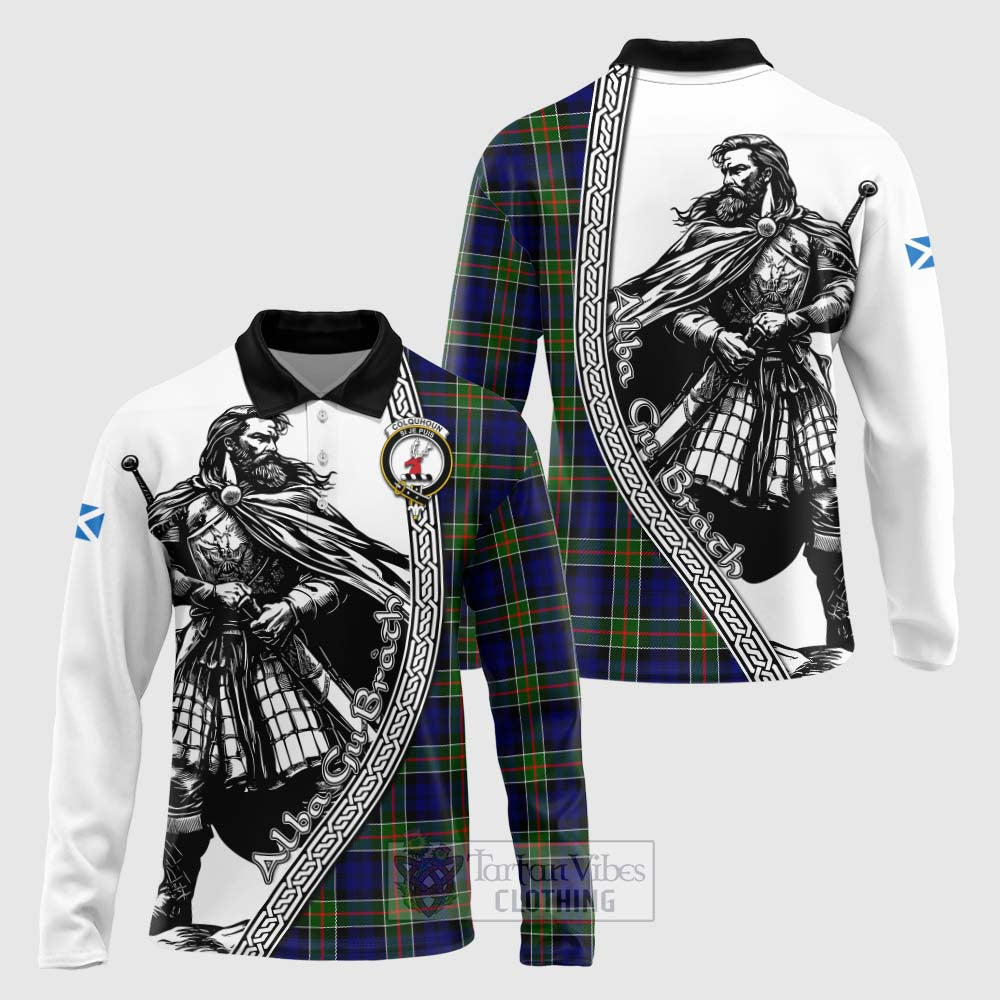 Tartan Vibes Clothing Colquhoun Tartan Clan Crest Long Sleeve Polo Shirt with Highlander Warrior Celtic Style