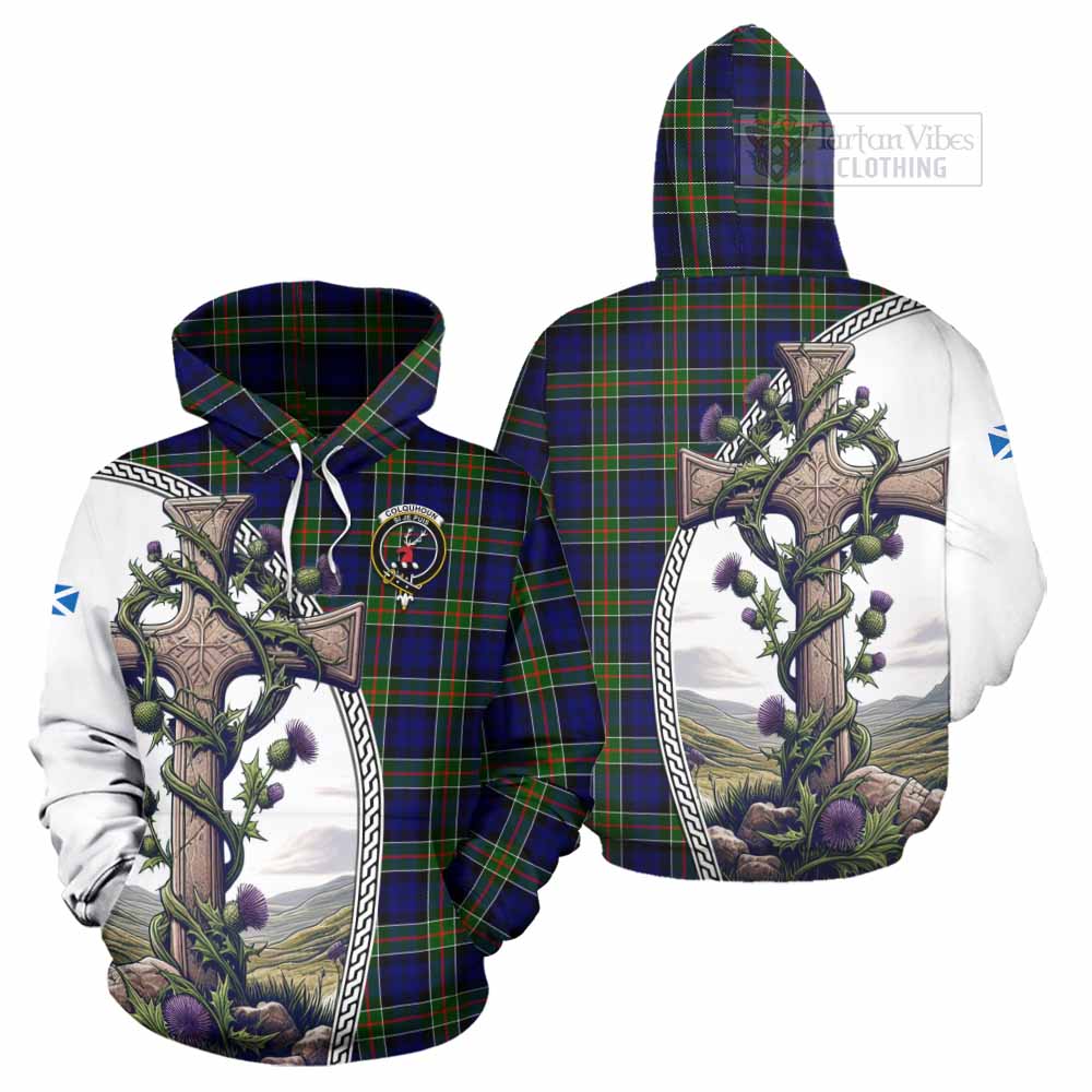 Tartan Vibes Clothing Colquhoun Tartan Hoodie with Family Crest and St. Andrew's Cross Accented by Thistle Vines