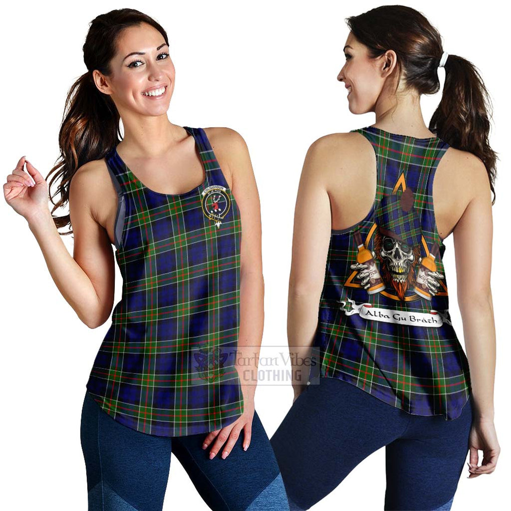 Tartan Vibes Clothing Colquhoun Tartan Women's Racerback Tanks with Family Crest and Bearded Skull Holding Bottles of Whiskey