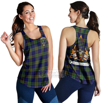 Colquhoun Tartan Women's Racerback Tanks with Family Crest and Bearded Skull Holding Bottles of Whiskey