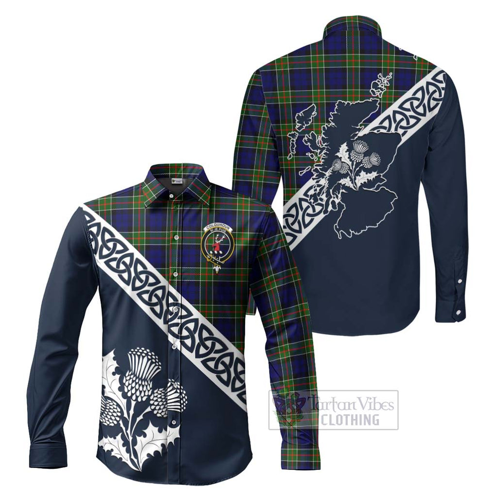 Tartan Vibes Clothing Colquhoun Tartan Long Sleeve Button Shirt Featuring Thistle and Scotland Map