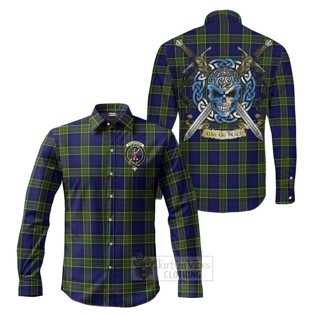 Tartan Vibes Clothing Colquhoun Tartan Long Sleeve Button Shirt with Family Crest Celtic Skull Style