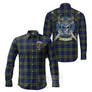 Colquhoun Tartan Long Sleeve Button Shirt with Family Crest Celtic Skull Style