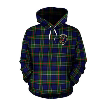 Colquhoun Tartan Cotton Hoodie with Family Crest and Bearded Skull Holding Bottles of Whiskey