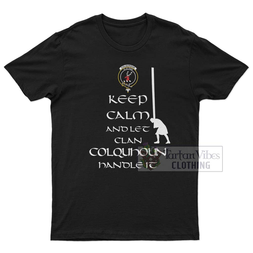 Tartan Vibes Clothing Colquhoun Clan Men's T-Shirt: Keep Calm and Let the Clan Handle It – Caber Toss Highland Games Style