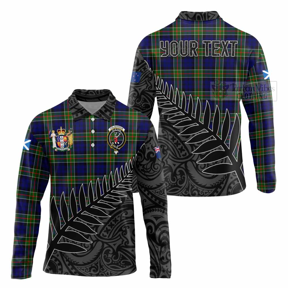 Tartan Vibes Clothing Colquhoun Crest Tartan Long Sleeve Polo Shirt with New Zealand Silver Fern Half Style