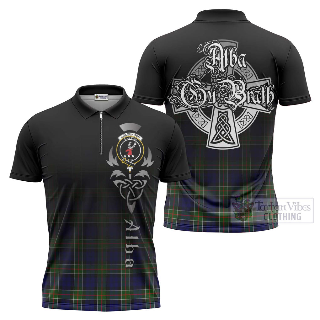 Tartan Vibes Clothing Colquhoun Tartan Zipper Polo Shirt Featuring Alba Gu Brath Family Crest Celtic Inspired