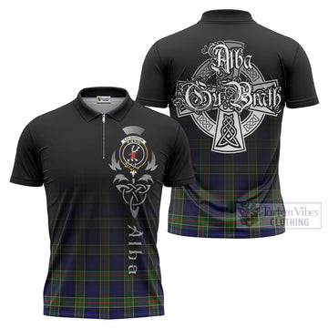 Colquhoun Tartan Zipper Polo Shirt Featuring Alba Gu Brath Family Crest Celtic Inspired