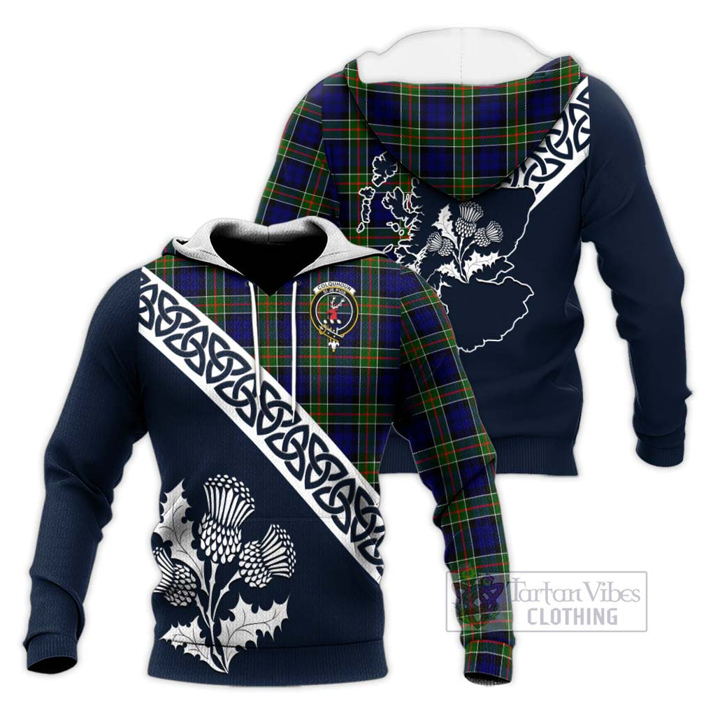 Tartan Vibes Clothing Colquhoun Tartan Knitted Hoodie Featuring Thistle and Scotland Map