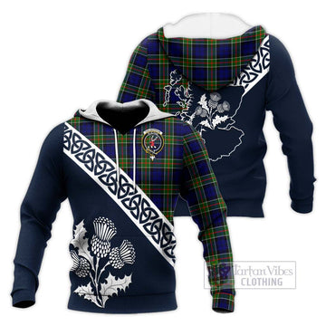 Colquhoun Tartan Knitted Hoodie Featuring Thistle and Scotland Map