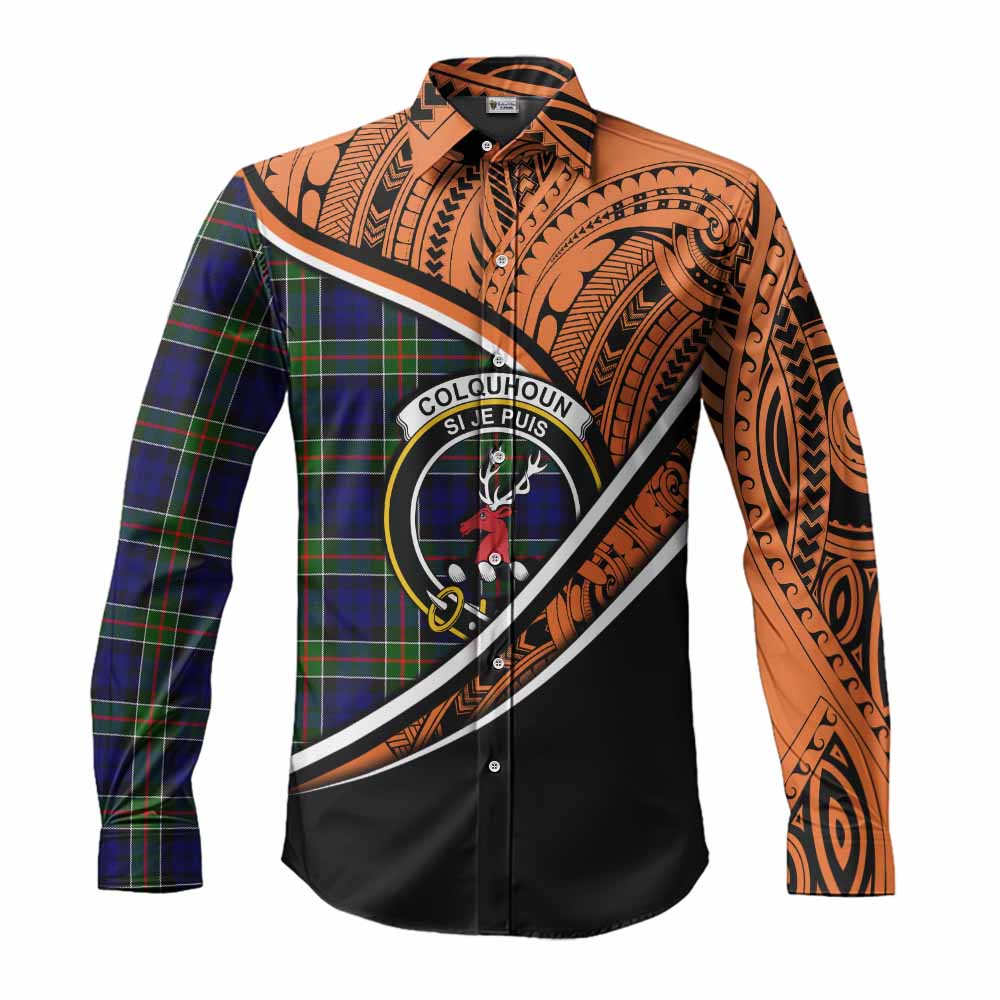 Tartan Vibes Clothing Colquhoun Crest Tartan Long Sleeve Button Shirt with Maori Tattoo Style - Orange Version