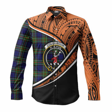 Colquhoun Crest Tartan Long Sleeve Button Shirt with Polynesian Vibes Style - Orange Version