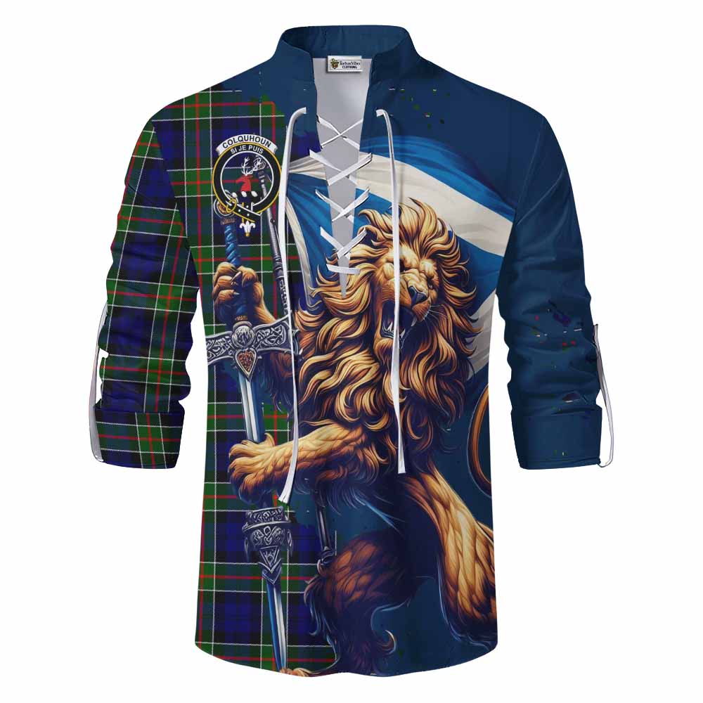 Tartan Vibes Clothing Colquhoun Tartan Family Crest Ghillie Kilt Shirt with Scottish Majestic Lion