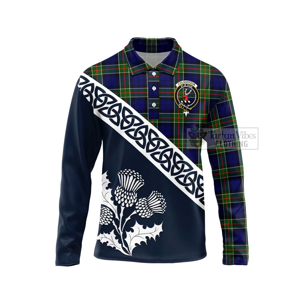 Tartan Vibes Clothing Colquhoun Tartan Long Sleeve Polo Shirt Featuring Thistle and Scotland Map