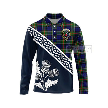 Colquhoun Tartan Long Sleeve Polo Shirt Featuring Thistle and Scotland Map