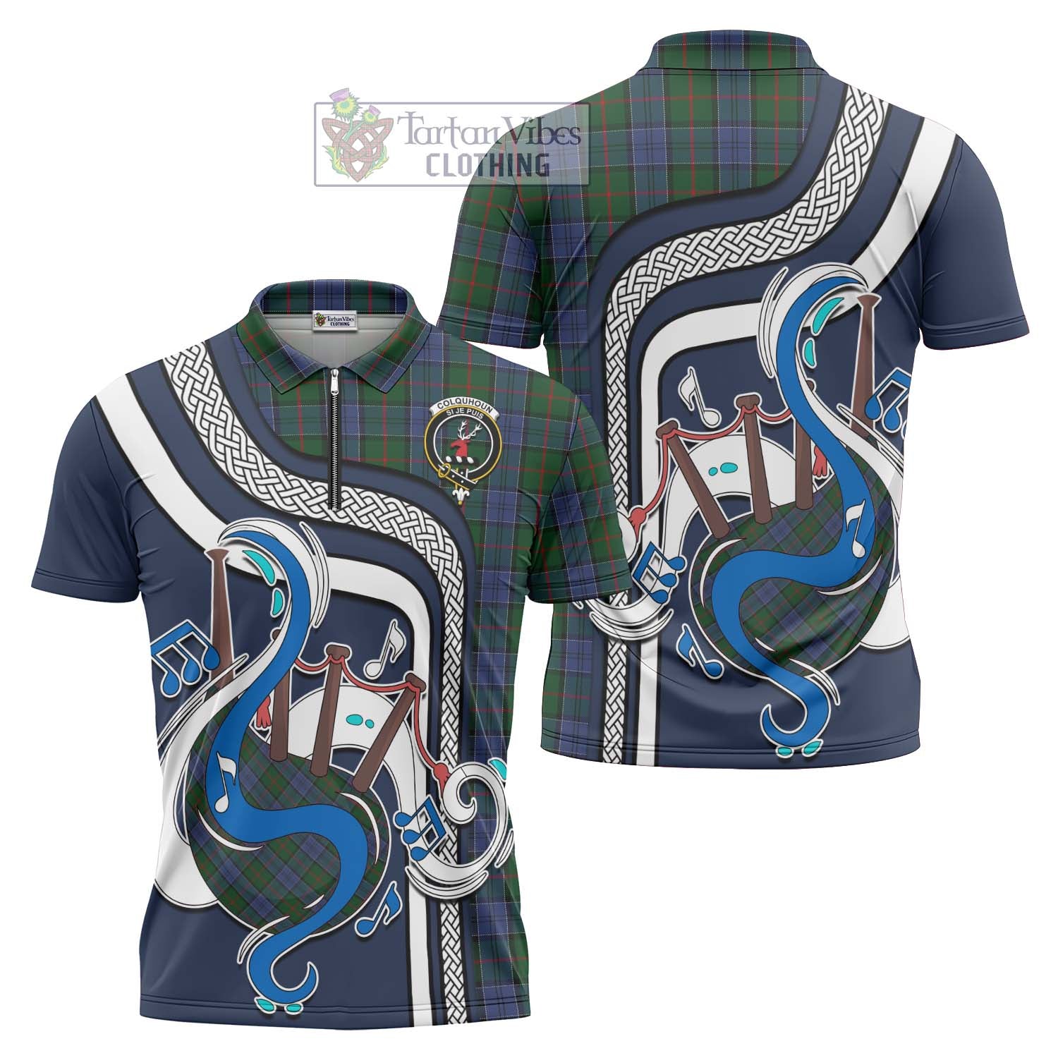 Tartan Vibes Clothing Colquhoun Tartan Zipper Polo Shirt with Epic Bagpipe Style