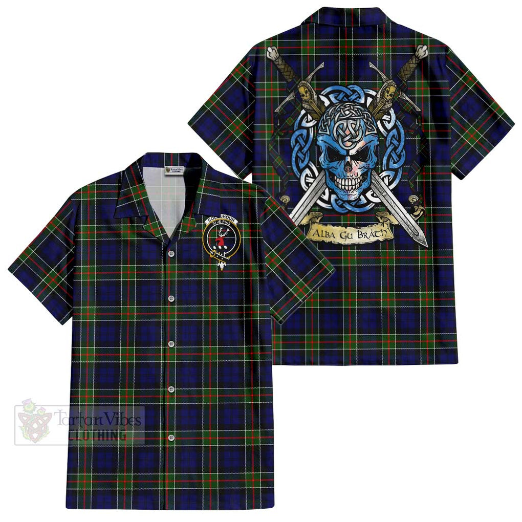 Tartan Vibes Clothing Colquhoun Tartan Short Sleeve Button Shirt with Family Crest Celtic Skull Style