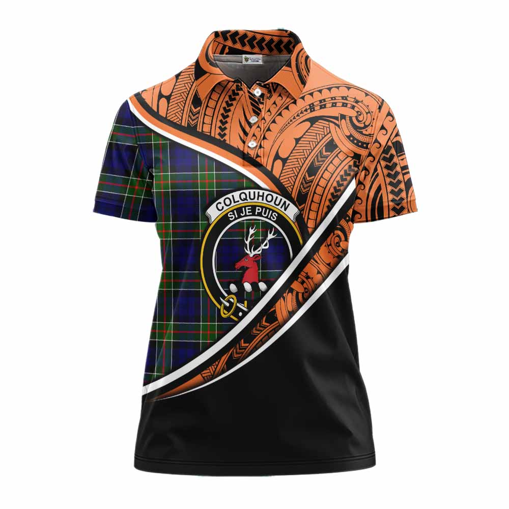 Tartan Vibes Clothing Colquhoun Crest Tartan Women's Polo Shirt with Maori Tattoo Style - Orange Version