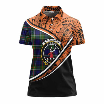 Colquhoun Crest Tartan Women's Polo Shirt with Polynesian Vibes Style - Orange Version