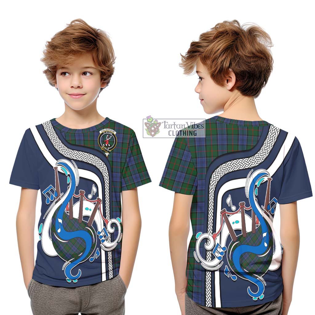 Tartan Vibes Clothing Colquhoun Tartan Kid T-Shirt with Epic Bagpipe Style