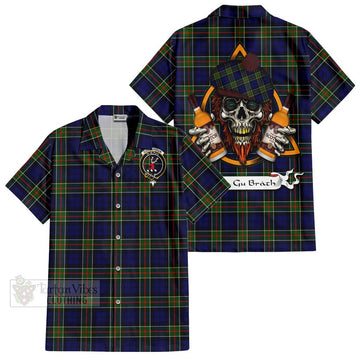 Colquhoun Tartan Short Sleeve Button Shirt with Family Crest and Bearded Skull Holding Bottles of Whiskey