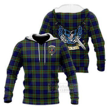 Colquhoun Tartan Knitted Hoodie with Family Crest Celtic Skull Style