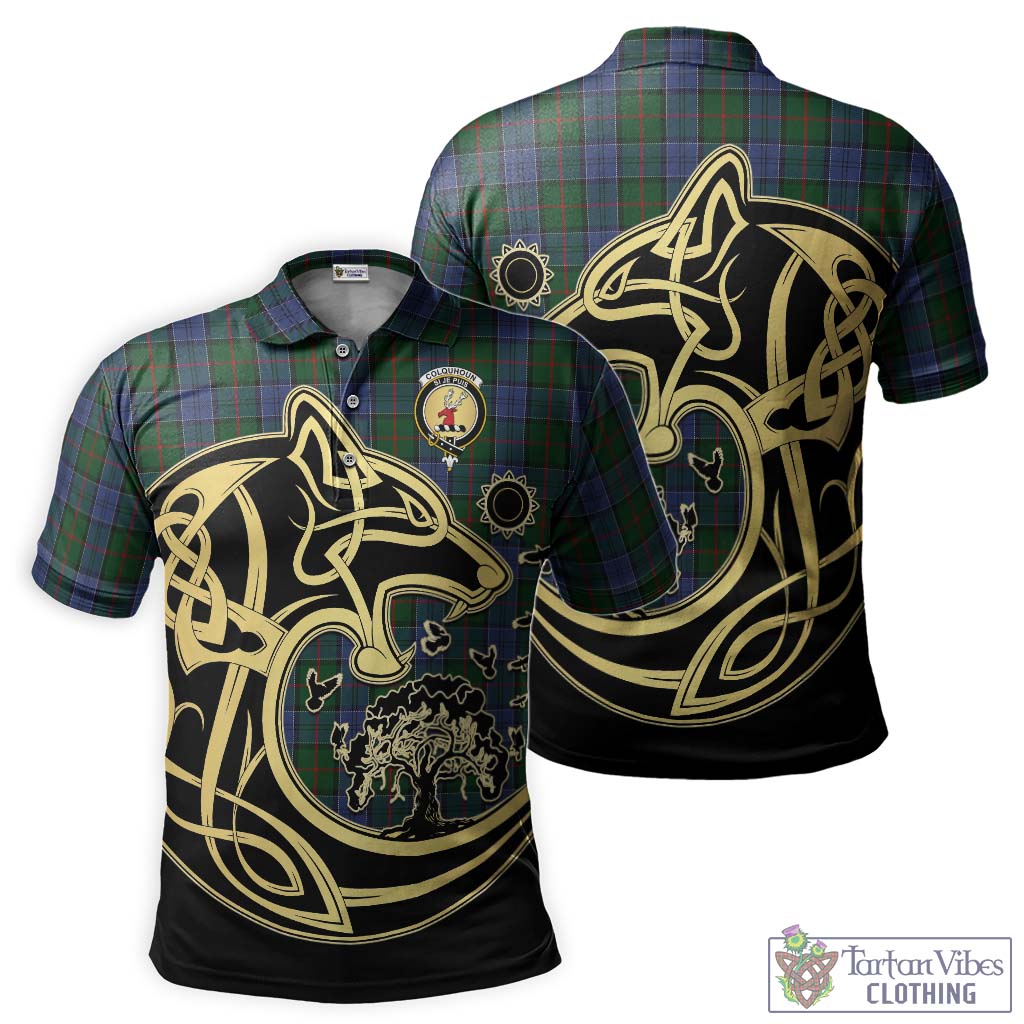 Tartan Vibes Clothing Colquhoun Tartan Polo Shirt with Family Crest Celtic Wolf Style