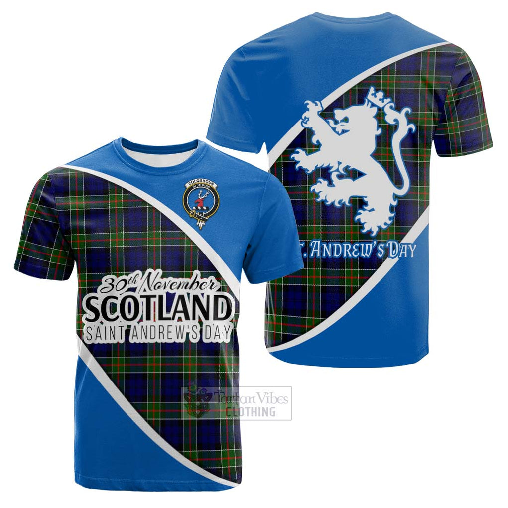 Tartan Vibes Clothing Colquhoun Family Crest Tartan Cotton T-shirt Celebrate Saint Andrew's Day in Style