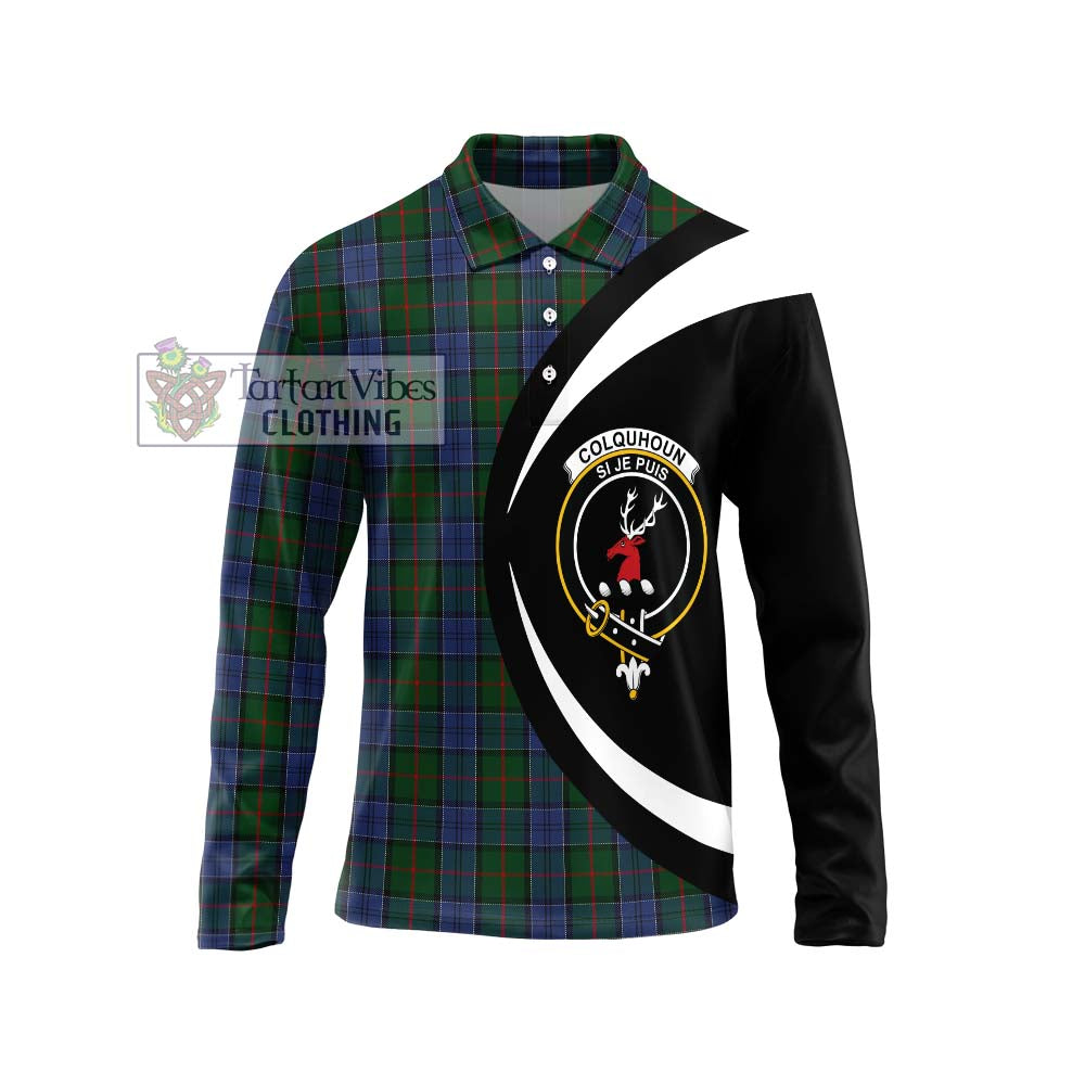 Colquhoun Tartan Long Sleeve Polo Shirt with Family Crest Circle Style Unisex - Tartan Vibes Clothing