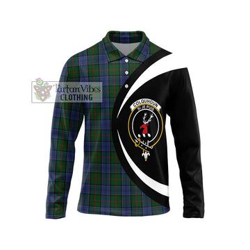 Colquhoun Tartan Long Sleeve Polo Shirt with Family Crest Circle Style