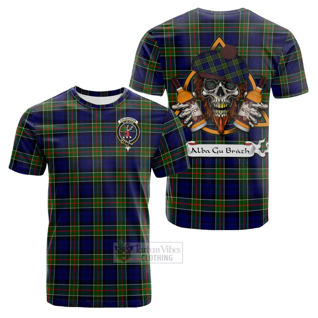 Tartan Vibes Clothing Colquhoun Tartan Cotton T-shirt with Family Crest and Bearded Skull Holding Bottles of Whiskey