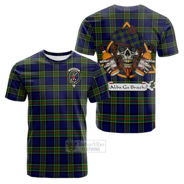 Colquhoun Tartan Cotton T-shirt with Family Crest and Bearded Skull Holding Bottles of Whiskey