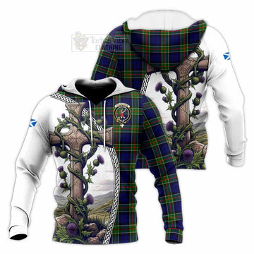 Colquhoun Tartan Knitted Hoodie with Family Crest and St. Andrew's Cross Accented by Thistle Vines