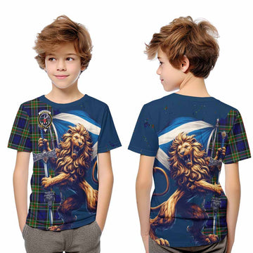 Colquhoun Tartan Family Crest Kid T-Shirt with Scottish Majestic Lion