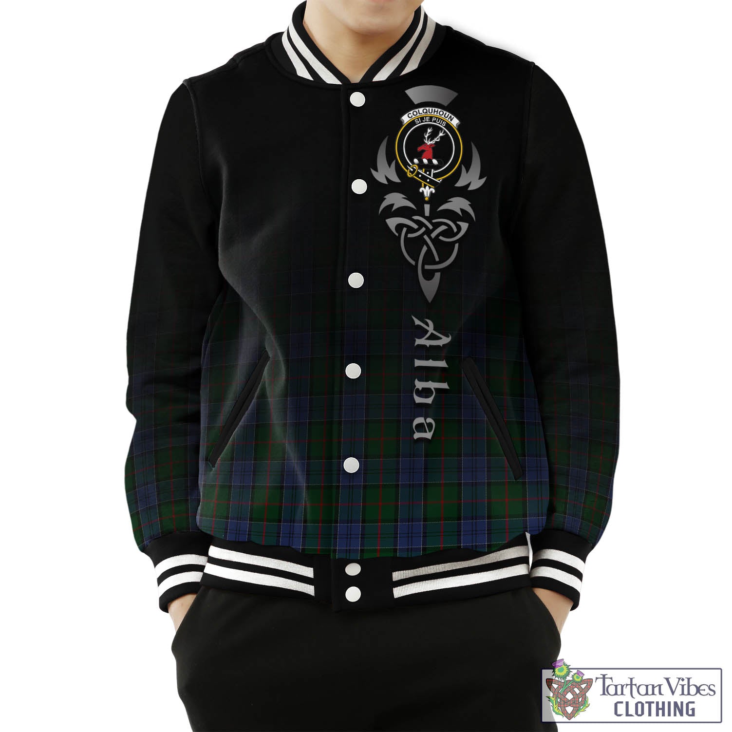 Tartan Vibes Clothing Colquhoun Tartan Baseball Jacket Featuring Alba Gu Brath Family Crest Celtic Inspired