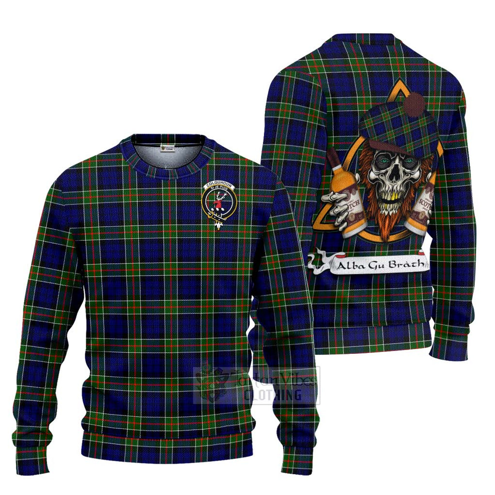 Tartan Vibes Clothing Colquhoun Tartan Knitted Sweater with Family Crest and Bearded Skull Holding Bottles of Whiskey