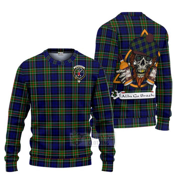 Colquhoun Tartan Ugly Sweater with Family Crest and Bearded Skull Holding Bottles of Whiskey