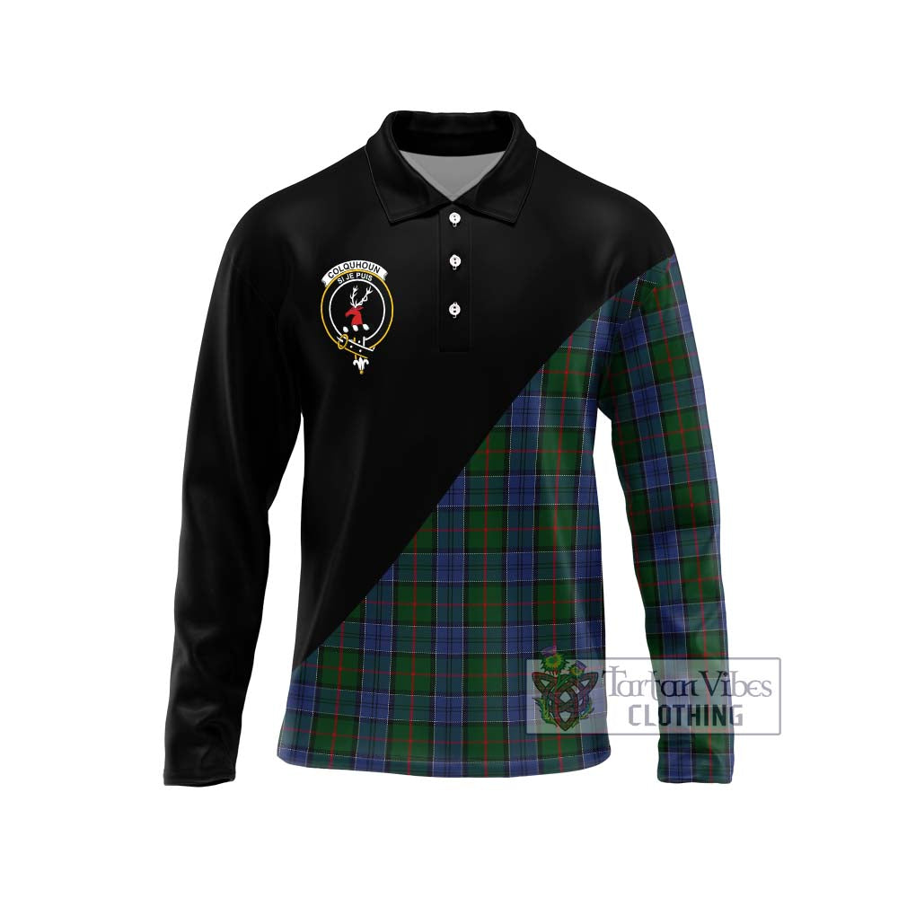 Tartan Vibes Clothing Colquhoun Tartan Long Sleeve Polo Shirt with Family Crest and Military Logo Style