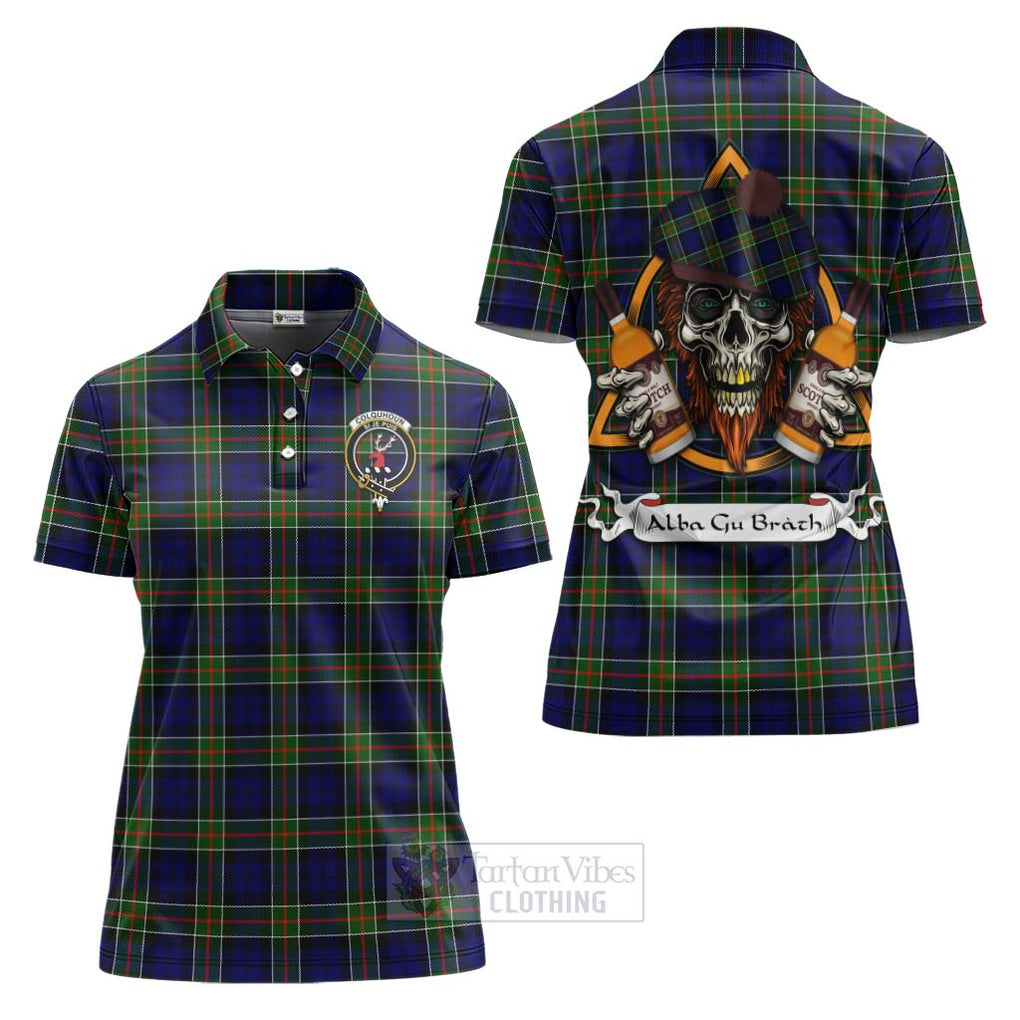 Tartan Vibes Clothing Colquhoun Tartan Women's Polo Shirt with Family Crest and Bearded Skull Holding Bottles of Whiskey