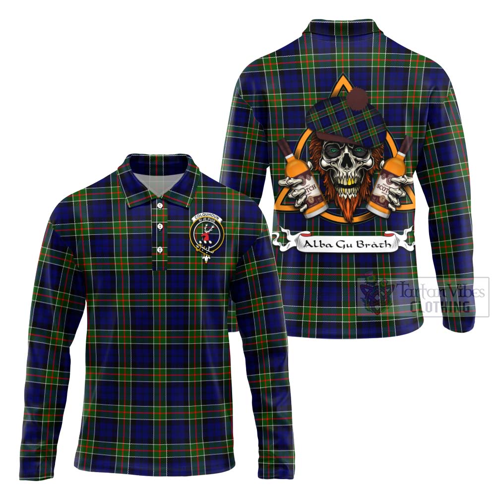 Tartan Vibes Clothing Colquhoun Tartan Long Sleeve Polo Shirt with Family Crest and Bearded Skull Holding Bottles of Whiskey