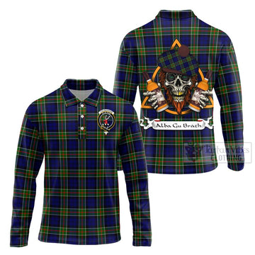 Colquhoun Tartan Long Sleeve Polo Shirt with Family Crest and Bearded Skull Holding Bottles of Whiskey