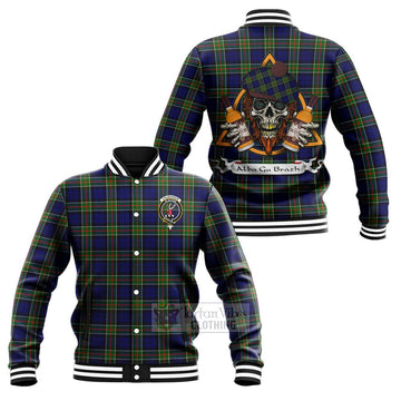 Colquhoun Tartan Baseball Jacket with Family Crest and Bearded Skull Holding Bottles of Whiskey