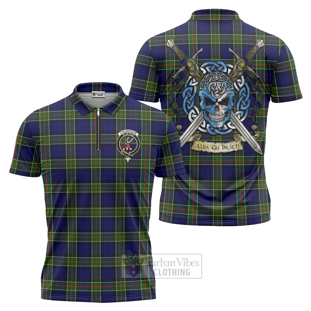 Tartan Vibes Clothing Colquhoun Tartan Zipper Polo Shirt with Family Crest Celtic Skull Style