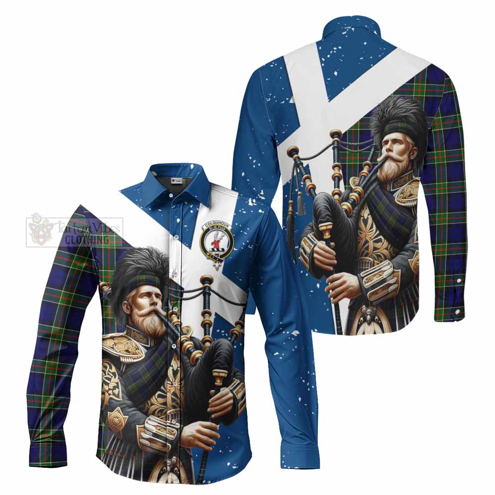 Tartan Vibes Clothing Colquhoun Tartan Long Sleeve Button Shirt with Family Crest Scottish Bagpiper Vibes