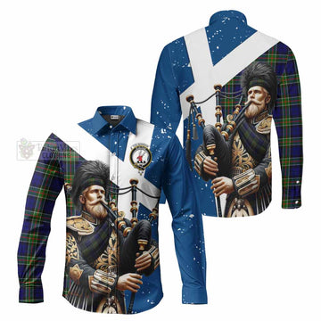 Colquhoun Tartan Long Sleeve Button Shirt with Family Crest Scottish Bagpiper Vibes