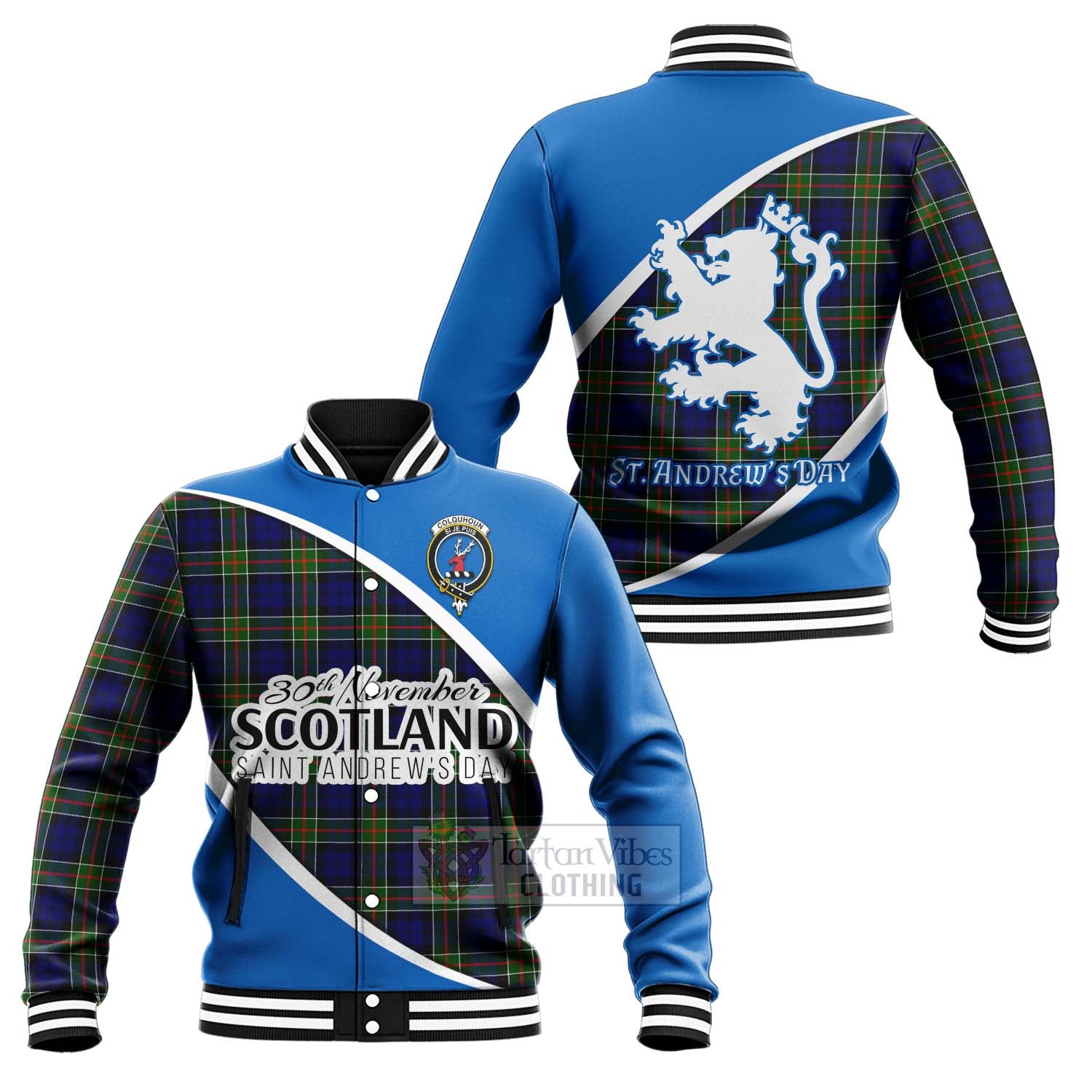 Tartan Vibes Clothing Colquhoun Family Crest Tartan Baseball Jacket Celebrate Saint Andrew's Day in Style