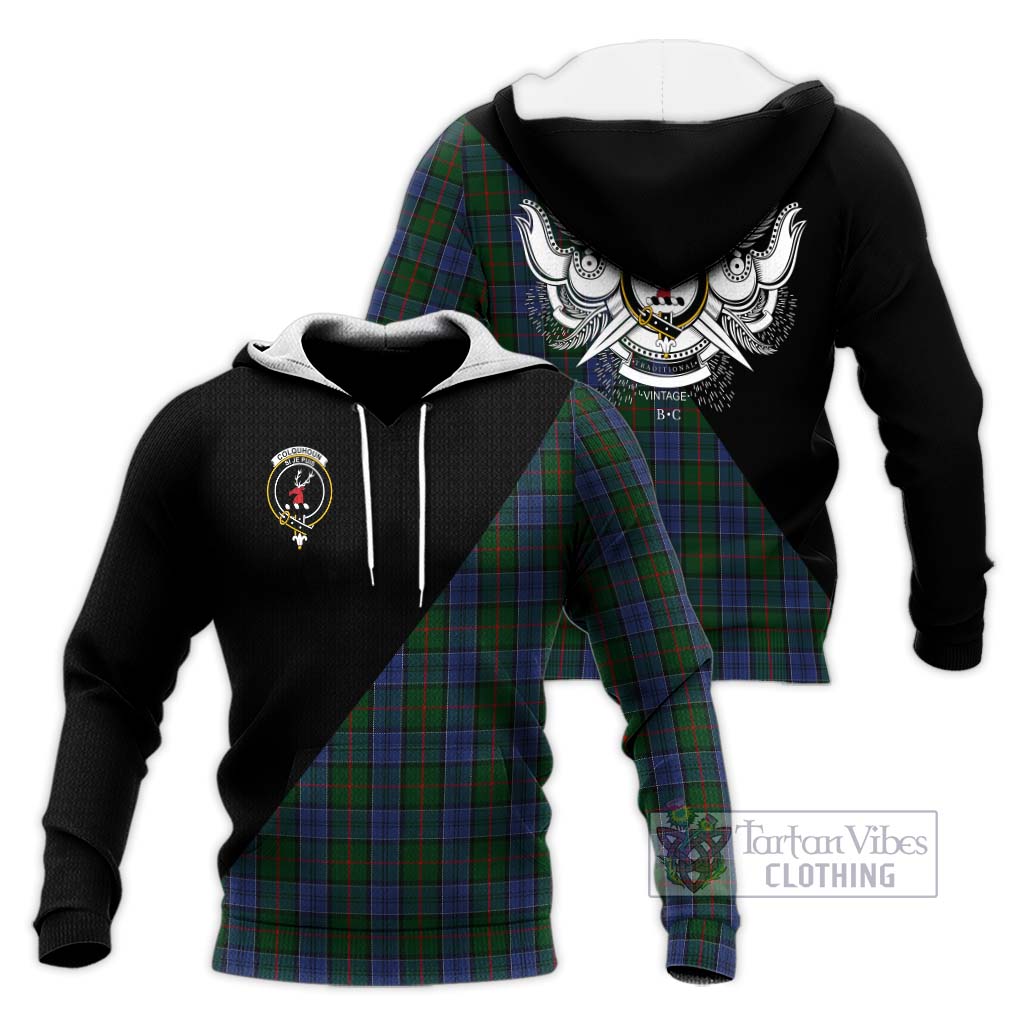 Tartan Vibes Clothing Colquhoun Tartan Knitted Hoodie with Family Crest and Military Logo Style