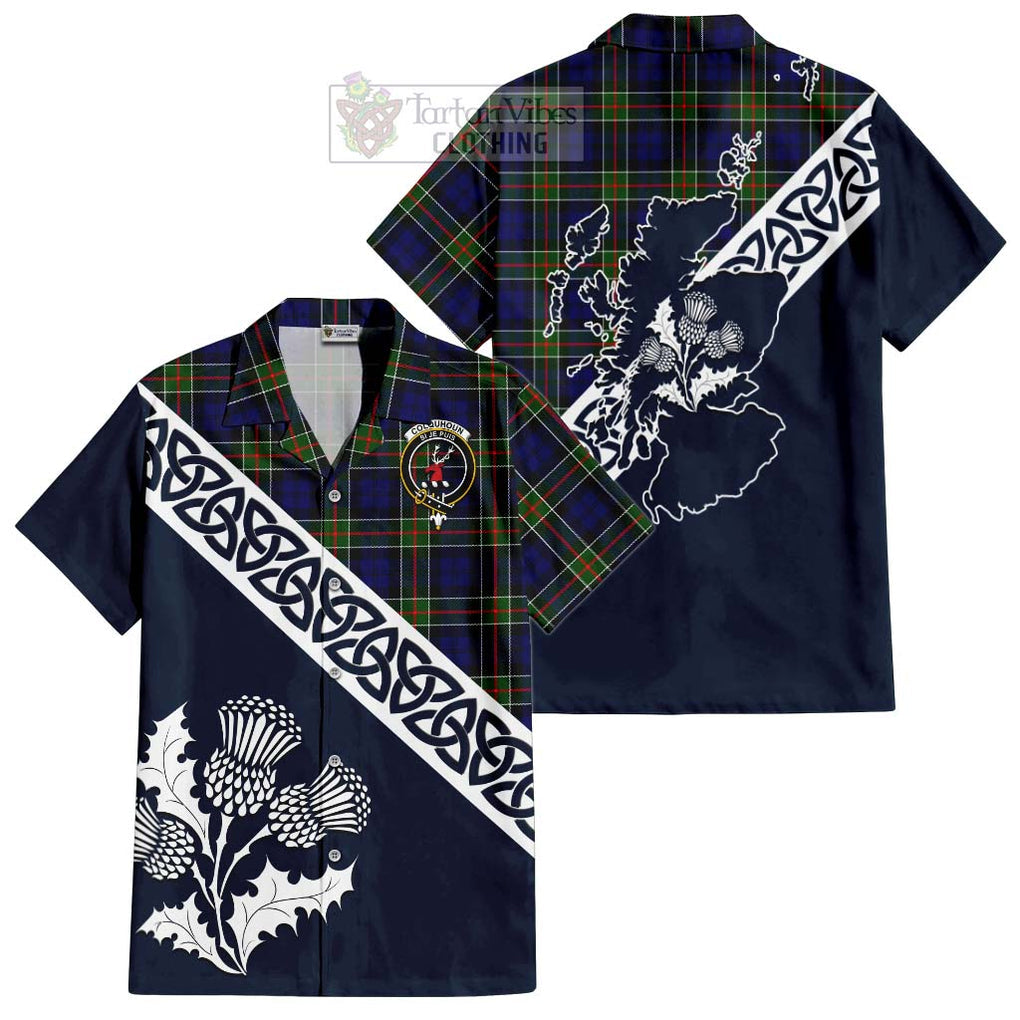 Tartan Vibes Clothing Colquhoun Tartan Short Sleeve Button Shirt Featuring Thistle and Scotland Map